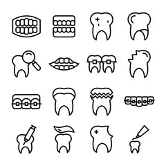 
Denture, Tooth, Dentistry, Dental Braces, Dental Disorder, Stomatology, Toothpaste Line Vector Icons Set 
