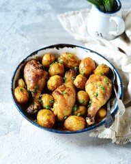 Baked chicken legs with young potatoes in a baking dish on a gray background