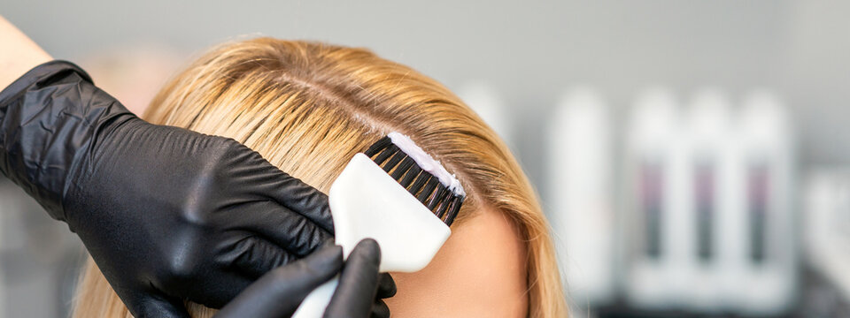 Hands Of Hairdresser Dyeing Hair Of Woman With Brush At Beauty Salon.