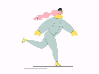 Young girl skating on ice rink. girl spend time actively on winter holidays. Winter sport. Vector illustration in flat abstract style
