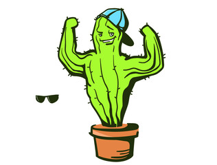 Cactus show muscle biceps. Vector color Printable cartoon illustration isolated on white. Cactus character concept