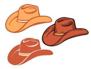 Cowboy hat. Set of brown American traditional Western hats isolated on white  - 358058547