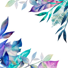 Fototapeta premium Botanical illustration. Watercolor tropical leaves in the corners. Botanical illustration is perfect for weddings, invitations, cards, advertising.