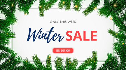 Vector Winter promo sale Web banner or poster for e-commerce, on-line cosmetics shop, fashion beauty shop, storewith minimalist design. Christmas Fir tree branches frame in white wooden background