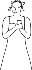 Girl holds a smartphone. Black and white vector illustration. Isolated on a white background. Minimalism