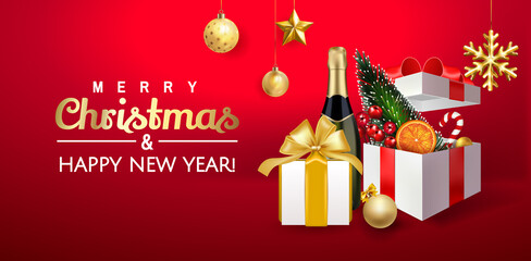Merry Christmas and Happy New Year Holiday banner with snowflakes and gift box full of Christmas decorations, gifts in red background. Fir tree, pine, orange, Christmas ball and red berries in box.