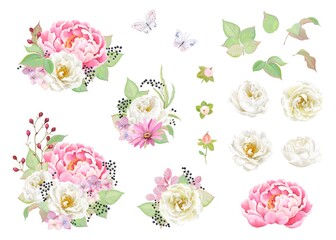 Floral set of white roses, pink peony, green leaves, flying butterflies and flowers decors for wedding, greeting or invitation cards, birthday. Vector illustration in vintage watercolor style.