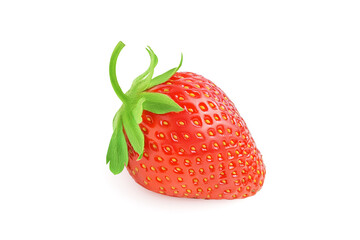 Fresh juicy single strawberry with green leaves and a stem isolated on a white background with clipping path.