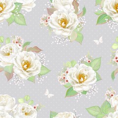 Seamless flowers pattern with white roses, green leaves and flying butterflies on gray background. Vector floral illustration in vintage style.