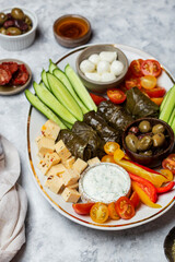 Fototapeta na wymiar Middle Eastern meze platter with vegetables, crowd and tzatziki sauce