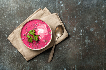 Cold red soup with beetroot and fresh vegetables