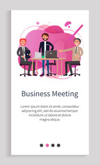Business meeting vector, men discussing problems of company, planning new steps and strategies, males with papers and laptops with information. Website or app slider template, landing page flat style