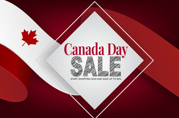 Fototapeta premium Canada day sale banner background. July 1st national holiday. Banner or advertising poster. Waving Canadian flag ribbon with maple leaf. Vector illustration.