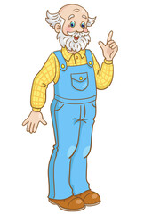 Cute grandfather is standing and pointing finger up.  In cartoon style. Isolated on white background. Vector illustration.