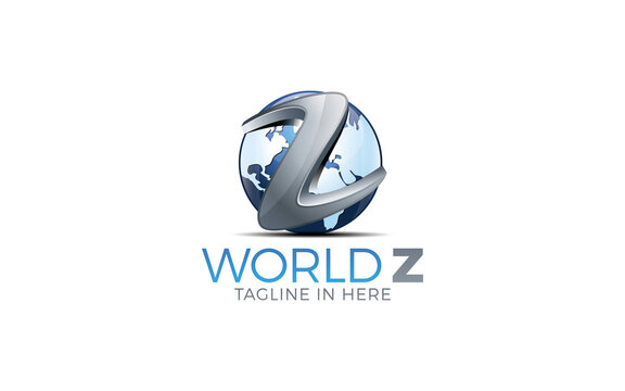 Letter Z with 3D logo style crossing the globe with blue and silver in color