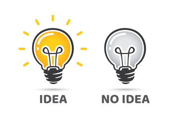 Idea and no idea concept. Light bulb vector icon. Bright idea symbol. Off light bulb, no idea symbol.