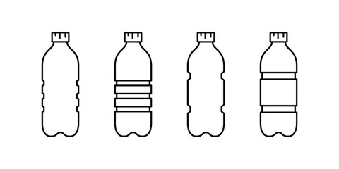 Plastic bottle icon set. Linear emblem of ribbed PET recycling packaging. Black simple illustration of tall container for water, liquid, oil. Contour isolated vector clipart on white background - 358062737