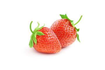 Two fresh ripe juicy strawberries with green leaves and twigs isolated on a white background.