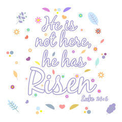 God gives people hope. The Bible, the word of God. Christianity. The number of believers is growing. Lettering He is not here, he has risen. Bible study concept. Colorful vector illustration.
