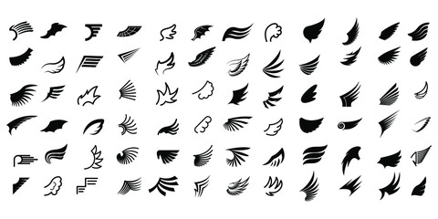 Set Black Line Flat Collection Wings Vector Icon Feather Design Style Decoration