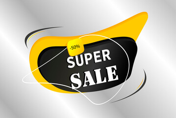 Exclusive super discount, low prices, Special offer, 50% discount. Advertising badge to promote retail business, attract customers. Sale of various goods for a limited time. Vector illustration.
