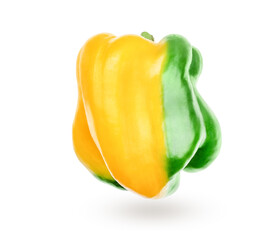 Sweet yellow bell pepper isolated on white background, clipping path. One fresh sweet bellpeppper. Image of capsicum, paprika closeup. Single vegetable with shadow. Studio shot, full depth of field.