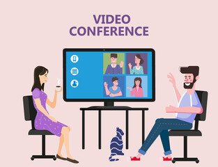 Woman and man worked from home Video conference people on computer screen laptop talking by internet in videocall, chat