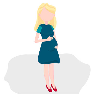 A pregnant girl with blond hair in a dress is waiting for the baby, holding on to her stomach, waiting for the miracle of the birth of the baby, the upcoming birth. Mom gave life. Vector image.
