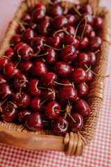 Cherries. Cherry. Cherries in wood bowl. Red cherry. Fresh cherries. Cherry on background. healthy food concept.