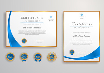Blue certificate and diploma template with badges