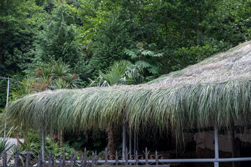 The roof of the house is made of grass. Cover the roof of the restaurant with straw. Day. Mainly cloudy. Georgia.
