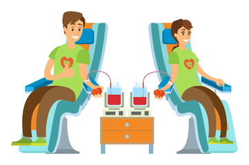 Man and woman donors sitting with needle in arm, blood donation, people volunteering, charity and healthcare, illness treatment, transfusing vector