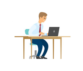 Manager working on laptop, sitting on chair vector isolated. Male worker at workplace, typing on notebook, smiling businessman at computer, cartoon style