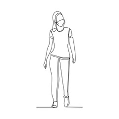 Continuous line drawing of woman walking wear medical mask. Vector illustration