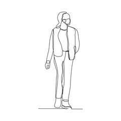 Continuous line drawing of woman walking wear medical mask. Vector illustration