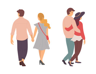 Boyfriend and girlfriend in love vector, man and woman walking cuddling, back view of people on dates, double date of friends spending time together