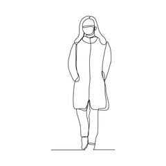 Continuous line drawing of woman walking wear medical mask. Vector illustration