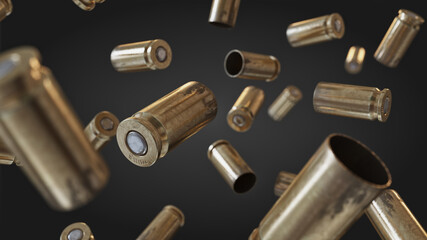 Flying bullet shells on a black studio background.	Photorealistic 3D illustration. Empty. War, conflict ammo supply 
