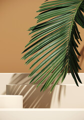 Minimal cosmetic background for product presentation. Beige podium and green palm leaf on brown background. 3d render illustration. Object isolate clipping path included.