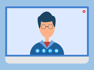 Applications allowing to communicate with people vector, isolated male wearing glasses on video conference, brainstorming and thinking, mike and chatting