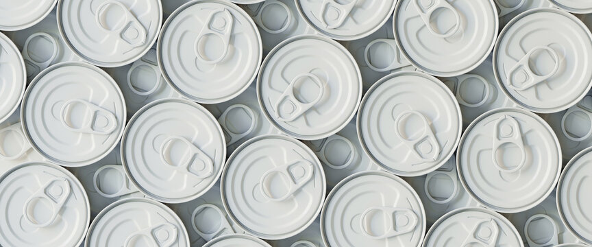 Abstract background for food concept. Banner of white tin can with pull ring. 3d rendering illustration.