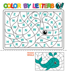 ABC Coloring Book for children. Color by letters. Learning the capital letters of the alphabet. Puzzle for children. Letter W. Whale