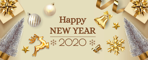 Happy New Year 2020 banner. Merry Xmas design with gold gift box, snowflakes, Christmas fir tree, golden deer. Horizontal poster, greeting card, header for website. Top view christmas elements vector.