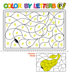 ABC Coloring Book for children. Color by letters. Learning the capital letters of the alphabet. Puzzle for children. Letter P. Pear