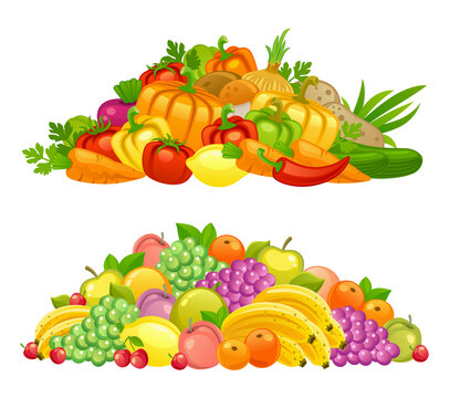 Heap of fruits and vegetables on a white background