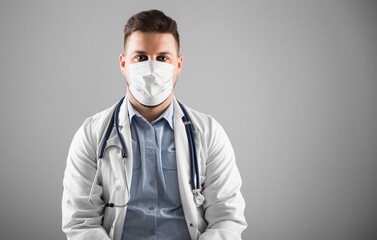 European doctor with stethoscope and mask check patient blood test