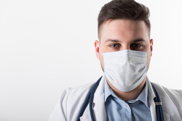 European doctor with stethoscope and mask check patient blood test