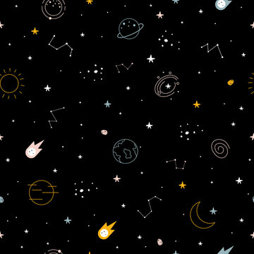 Seamless pattern of the night sky with scattered star and constellation