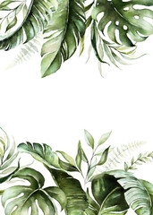 Watercolor tropical floral border - green leaves. For wedding stationary, greetings, wallpapers, fashion, background.
