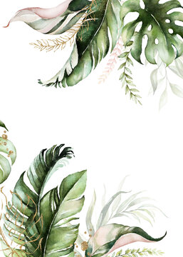 Watercolor tropical floral border - green, blush & gold leaves. For wedding stationary, greetings, wallpapers, fashion, background.
